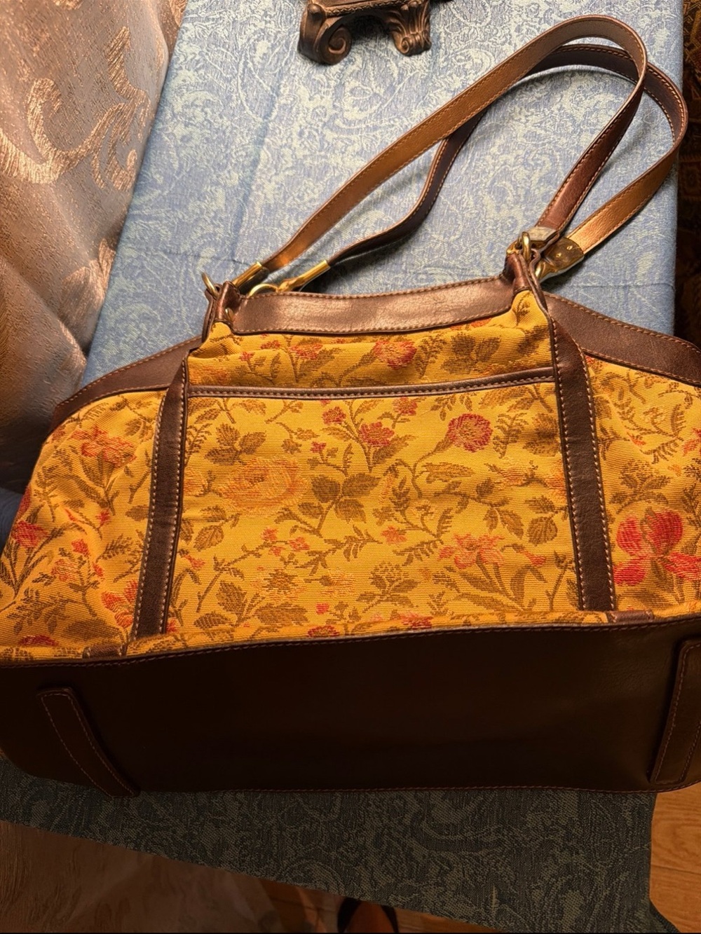 Yellow Floral Tapestry Tote with Brown Leather Trim
